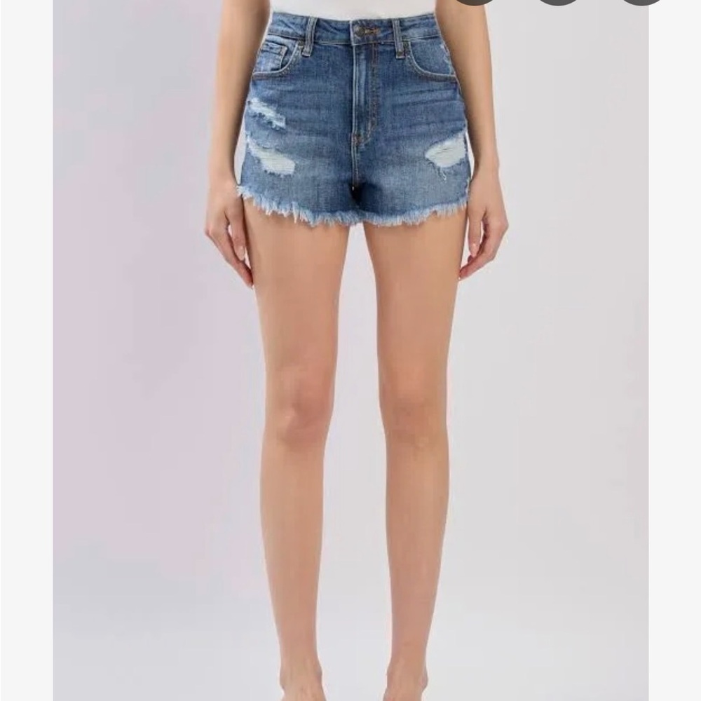 High-Rise Cut Off Denim Shortie Shorts - Blue